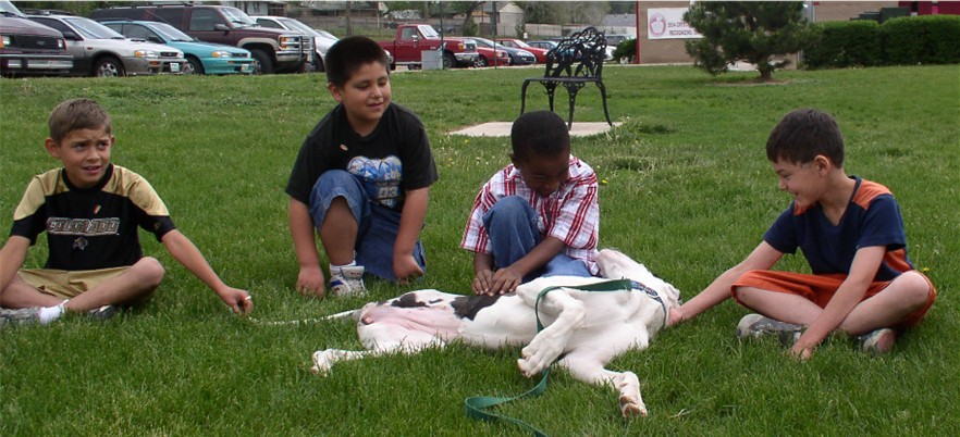 a group of children sit in the grass with a dog
