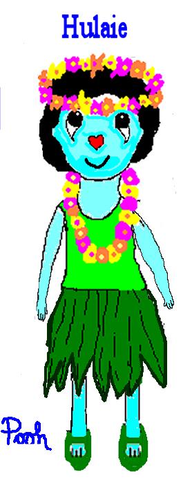 a cartoon character with a hawaiian style dress and a wreath on his head