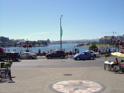 cars are parked along the waterfront and people sit in the sun