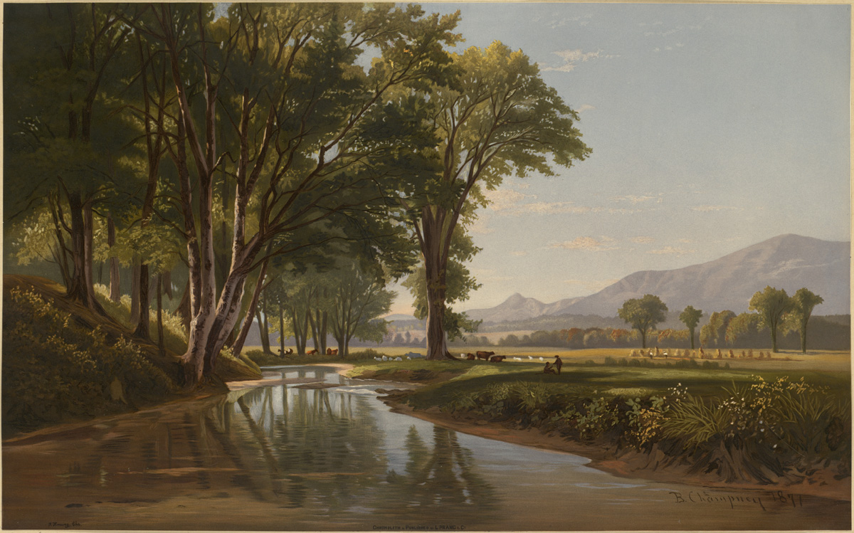 a painting depicting a river in front of a mountain range