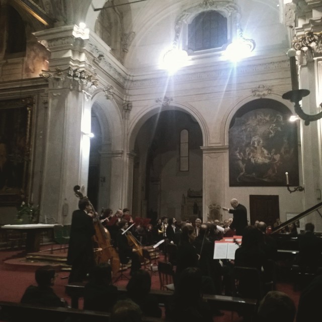 an orchestra performs at a concert in a large room