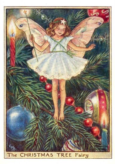 an old fashioned christmas card featuring a fairy girl in a white dress