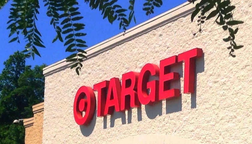 the word target on a building in front of a tree