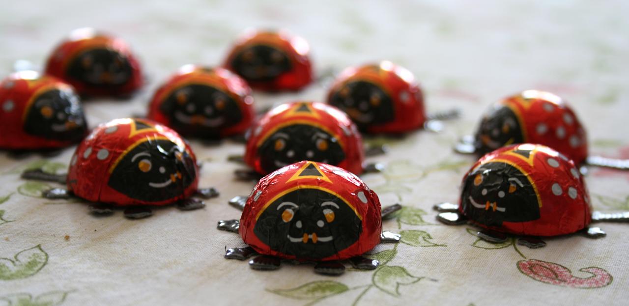 a bunch of cute ladybug figurines sitting on a table