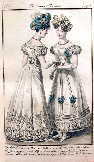 an old fashion book shows two ladies in dress