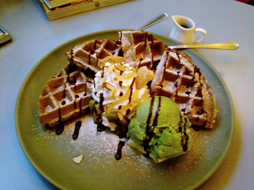 waffle with chocolate sauce and ice cream on a green plate