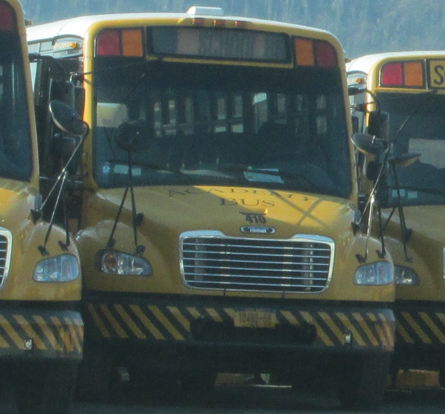 the front end of three large yellow buses