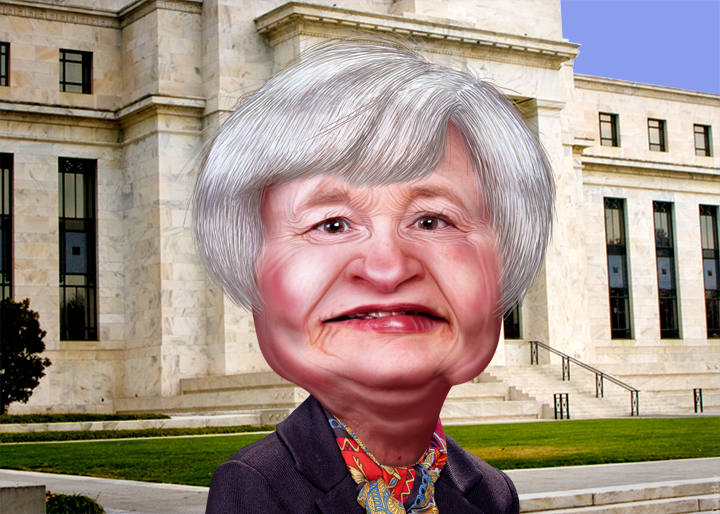 a caricature of an elderly woman in front of a large building