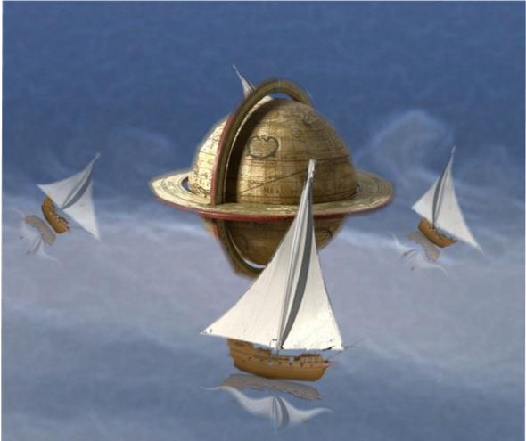 several paper boats floating around a wooden object