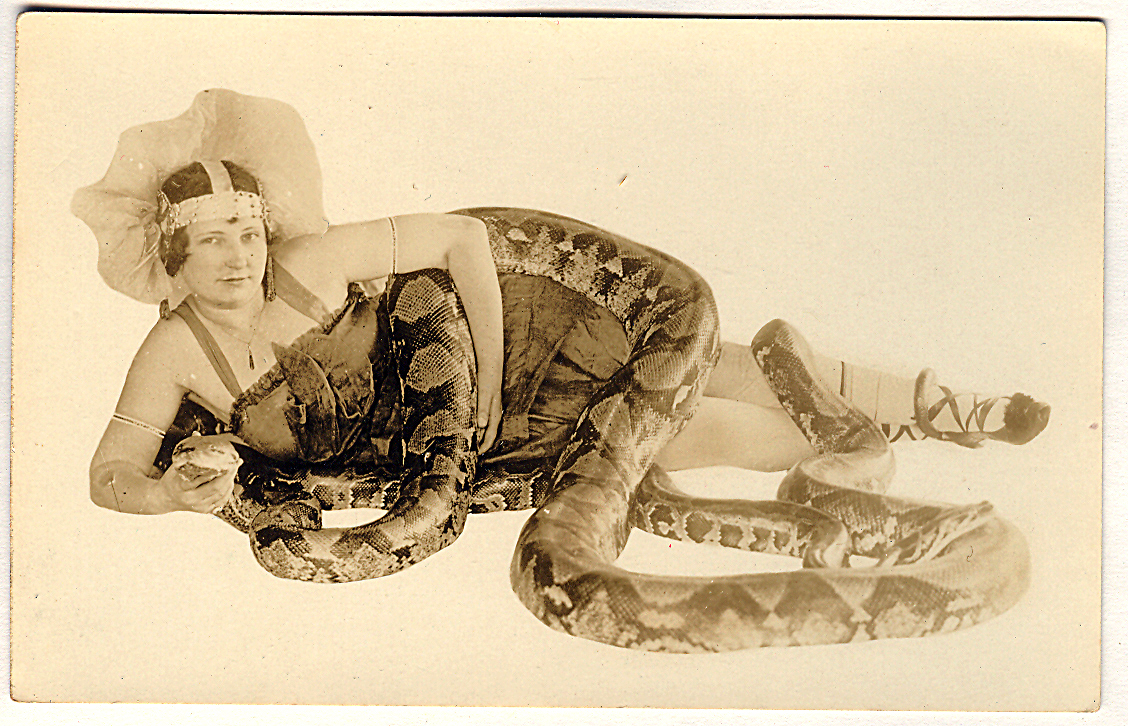 a girl dressed in costume is laying on the ground, with a snake