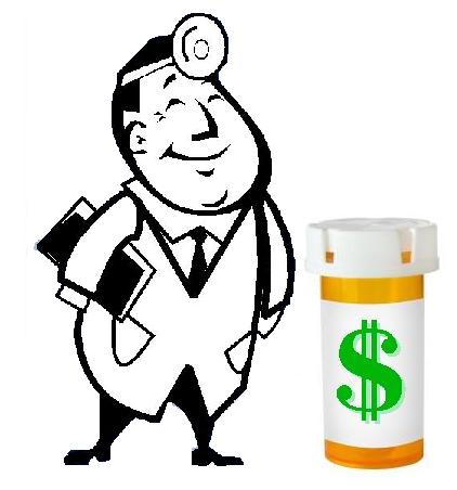 a cartoon character in a suit next to a pill bottle and dollar