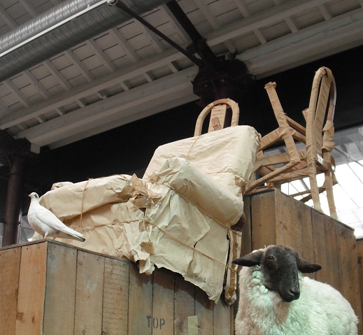 two sheep standing next to chairs and boxes