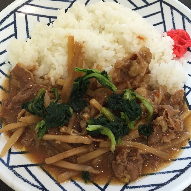 the plate has beef and white rice with spinach