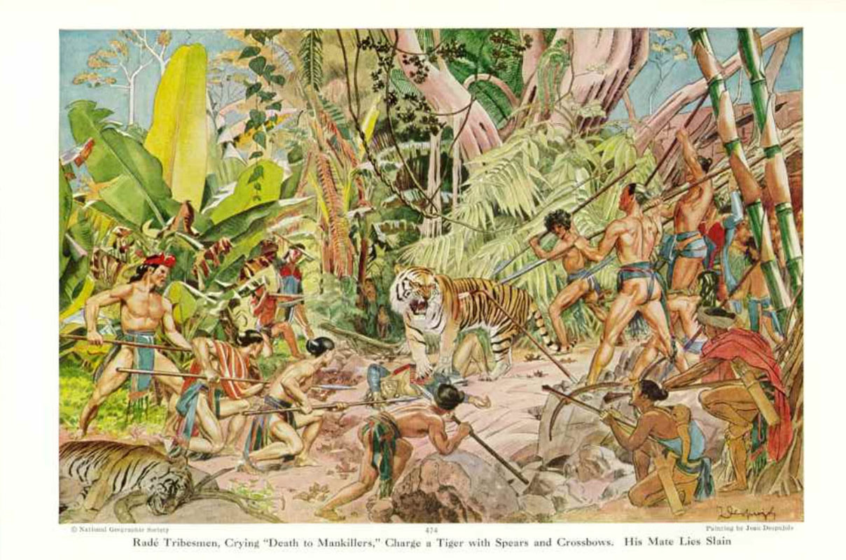 a drawing of native american men and animals in the woods