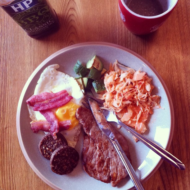 breakfast meal on plate next to cup of coffee