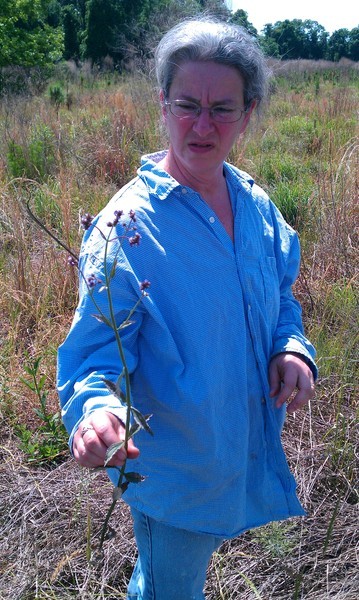 an old woman with grey hair holding up some flowers in a field