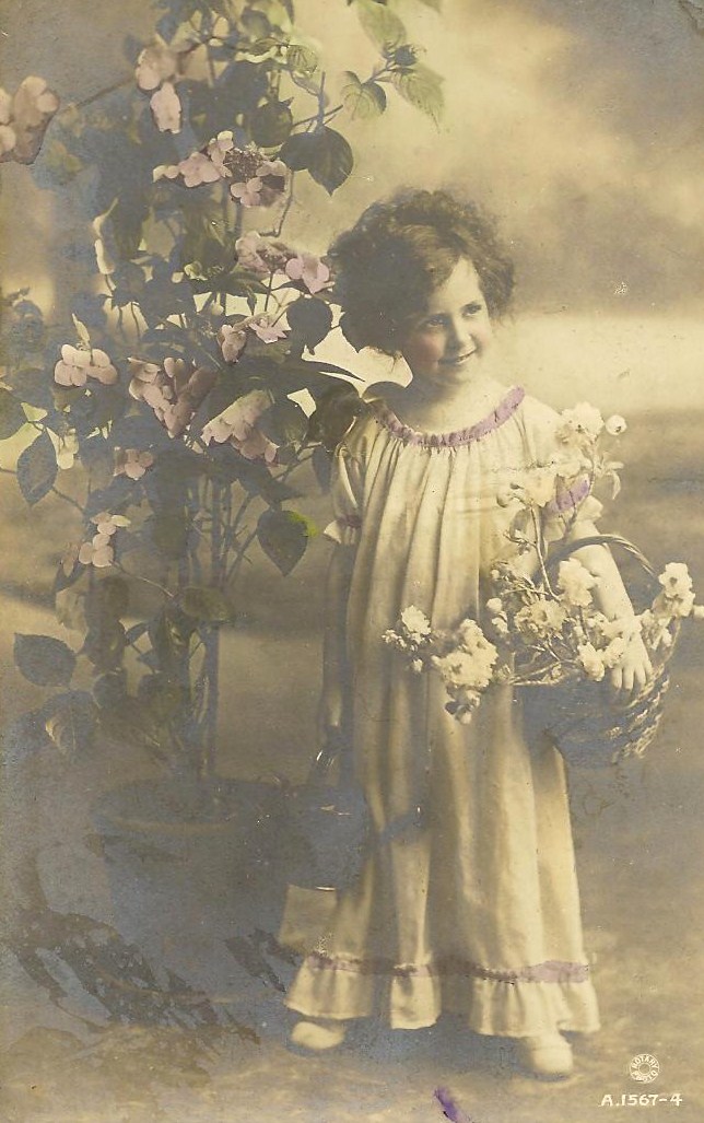 there is a old fashion girl holding flowers