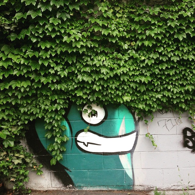 graffiti on a brick wall in front of green vegetation
