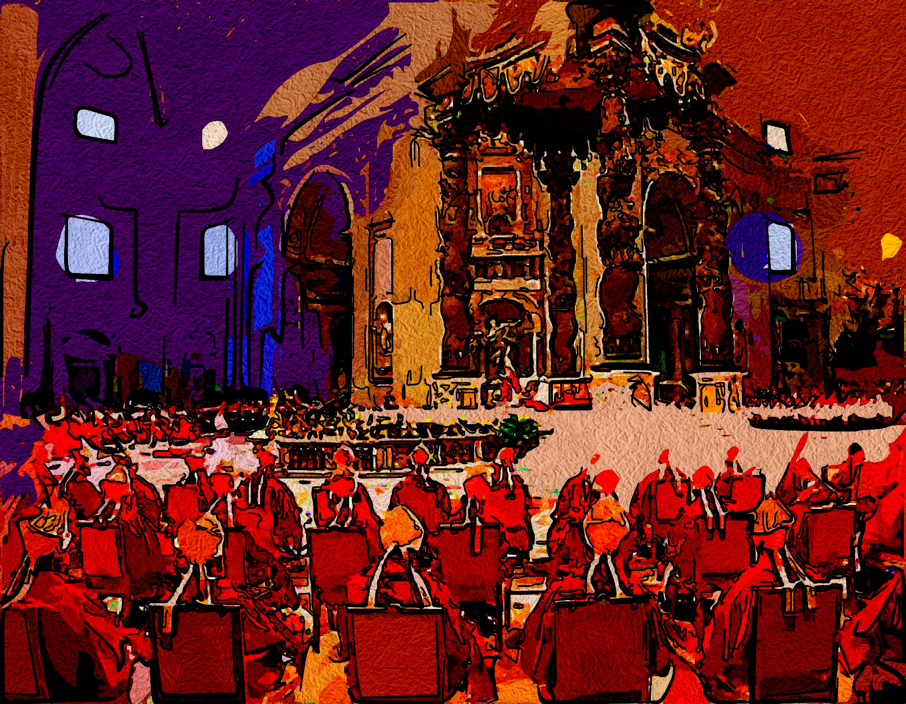 some red people sitting at a table a building and a clock