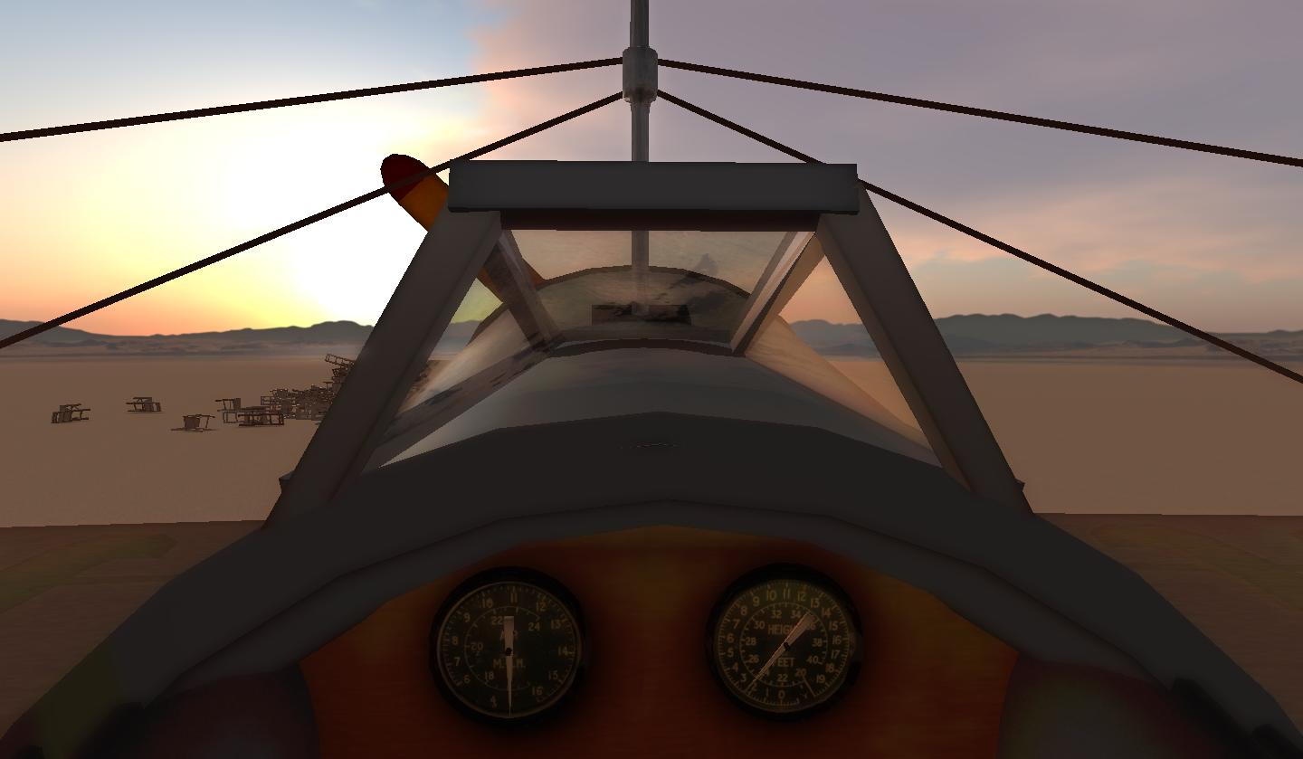 a screen s shows the inside view of an airplane with a sunset in the background