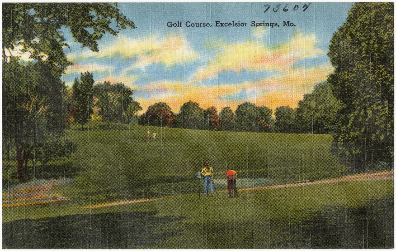 this postcard features people walking in the distance