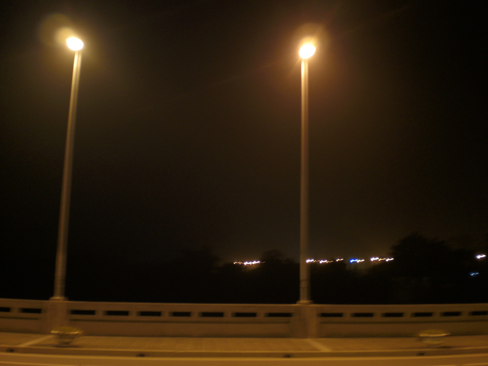 two street lights shine brightly over the city skyline