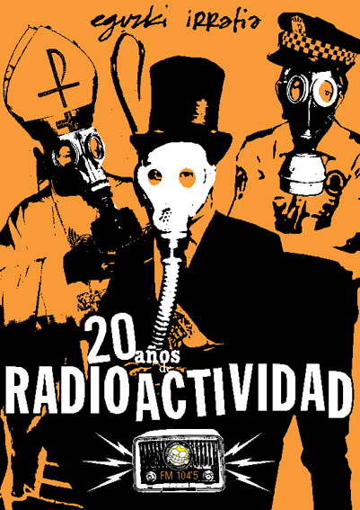 a black and orange poster with two people in gas masks