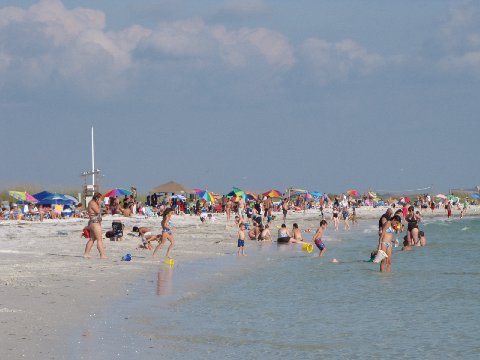 many people at the beach are playing and swimming