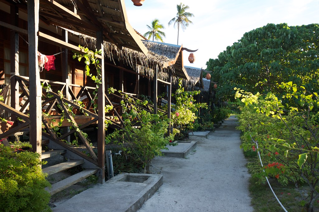 a couple of houses sitting side by side in the shade