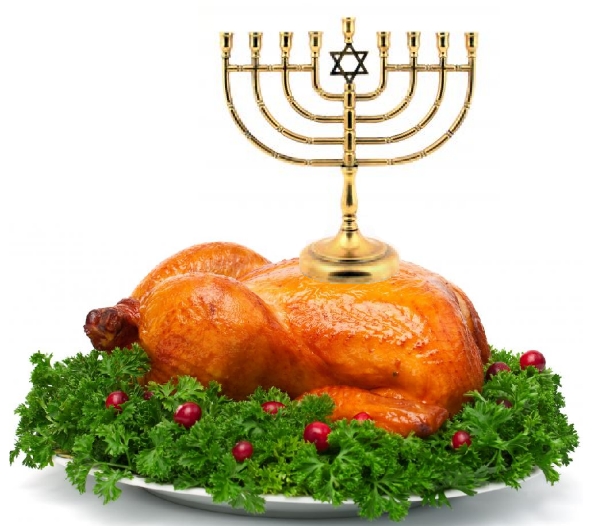 a turkey in front of a hanukkah menorah