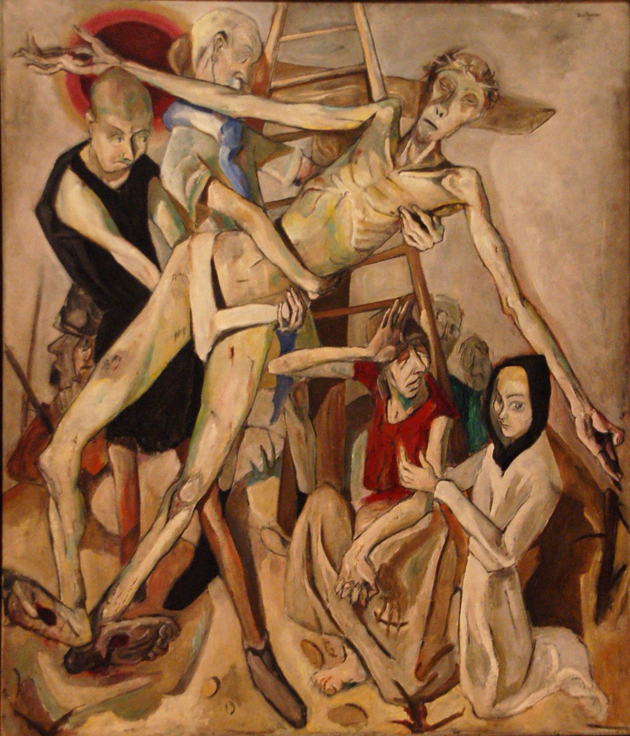 this painting has three men being nailed to a ladder