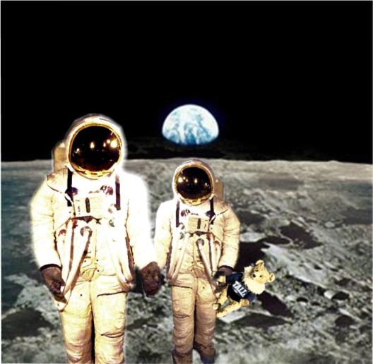 two astronauts on the moon wearing spaces suits and standing side by side