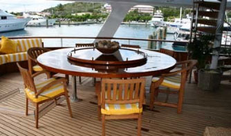 a dining table with a lot of yellow chairs around it