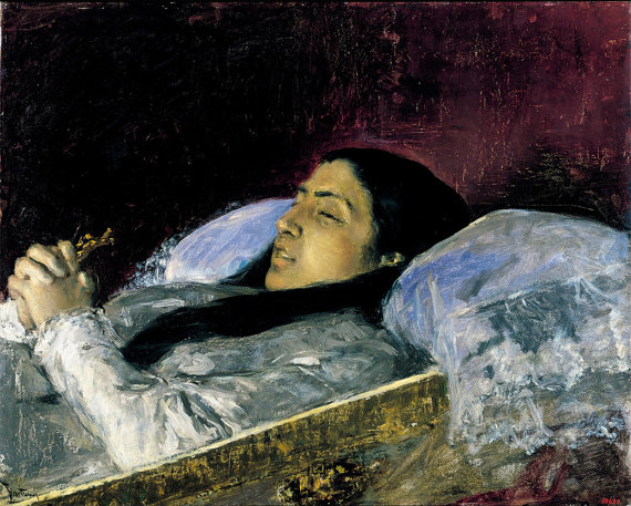 a painting shows a woman sleeping in bed
