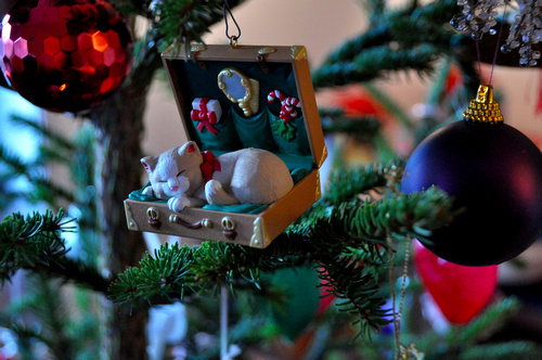 some ornaments that are hanging in a tree