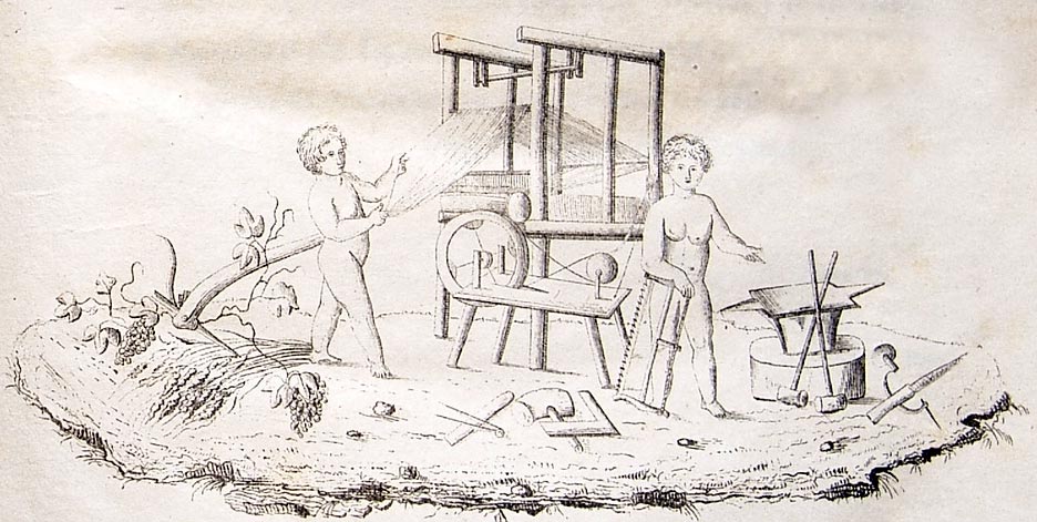a drawing shows two men standing at an engine