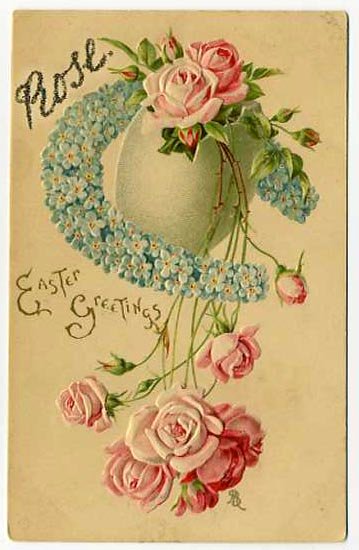 a vintage greeting card with pink roses and flowers