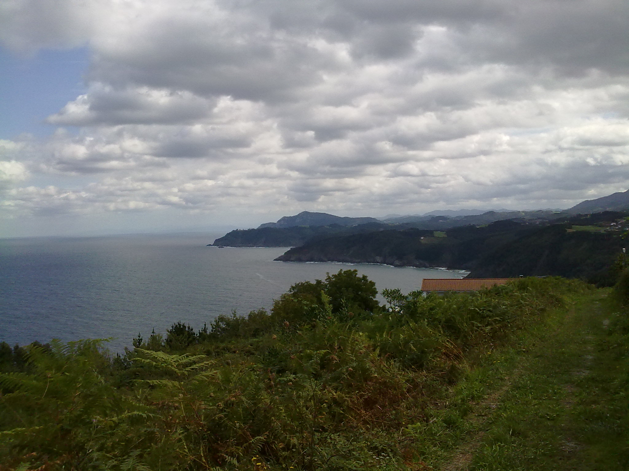 the view down at the shore of the ocean