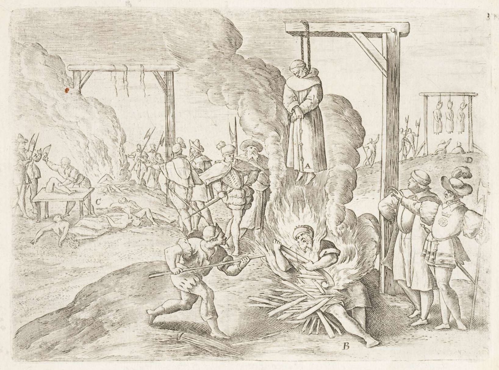 an engraving of a man sitting on a pile of food in front of fire