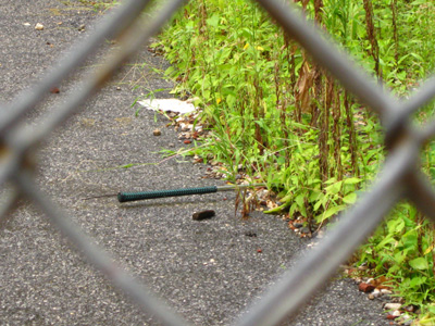 a hole in the asphalt behind a fence