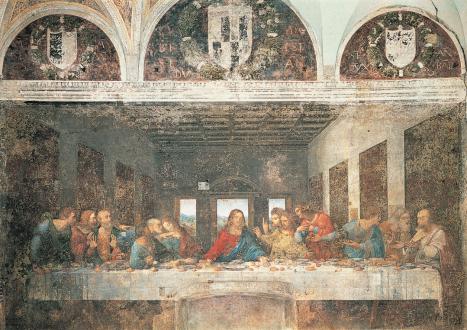 a painting of a large group of people dining