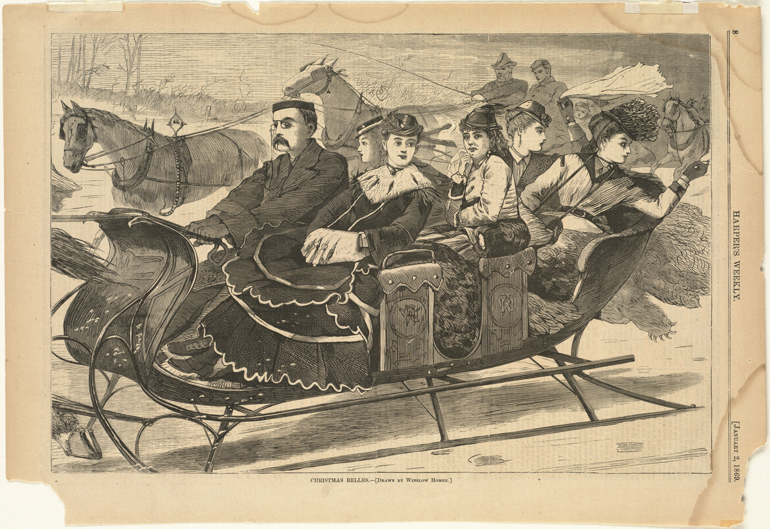 black and white drawing of a family in a sleigh