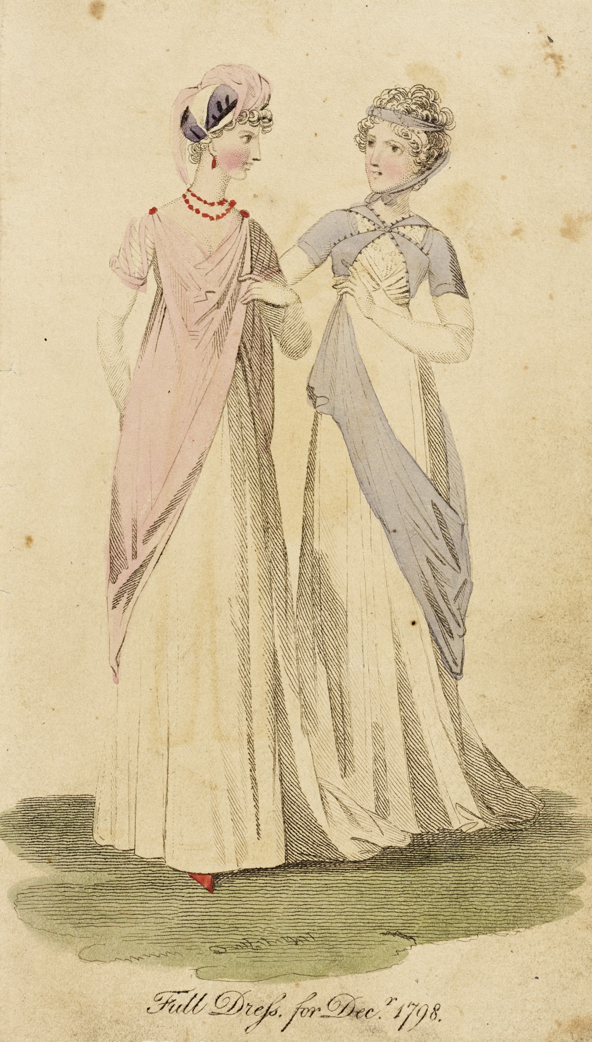 an old fashion illustration of two ladies in dresses