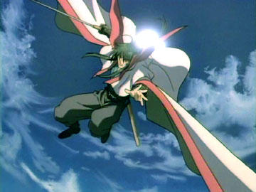 anime scene featuring a guy in flight with an umbrella