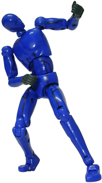 a blue robot that is holding a black object
