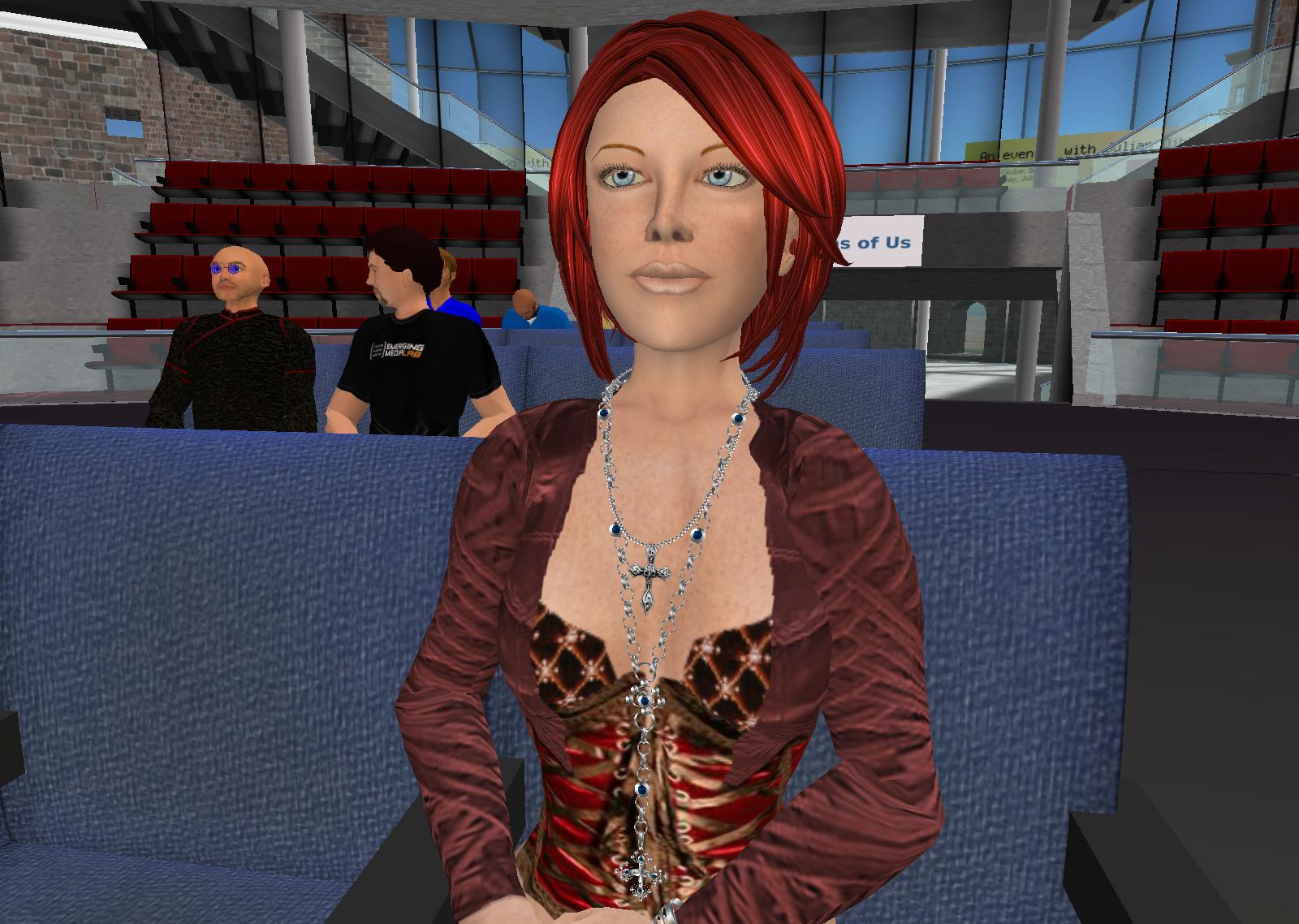 an animation of an animated woman in a red top