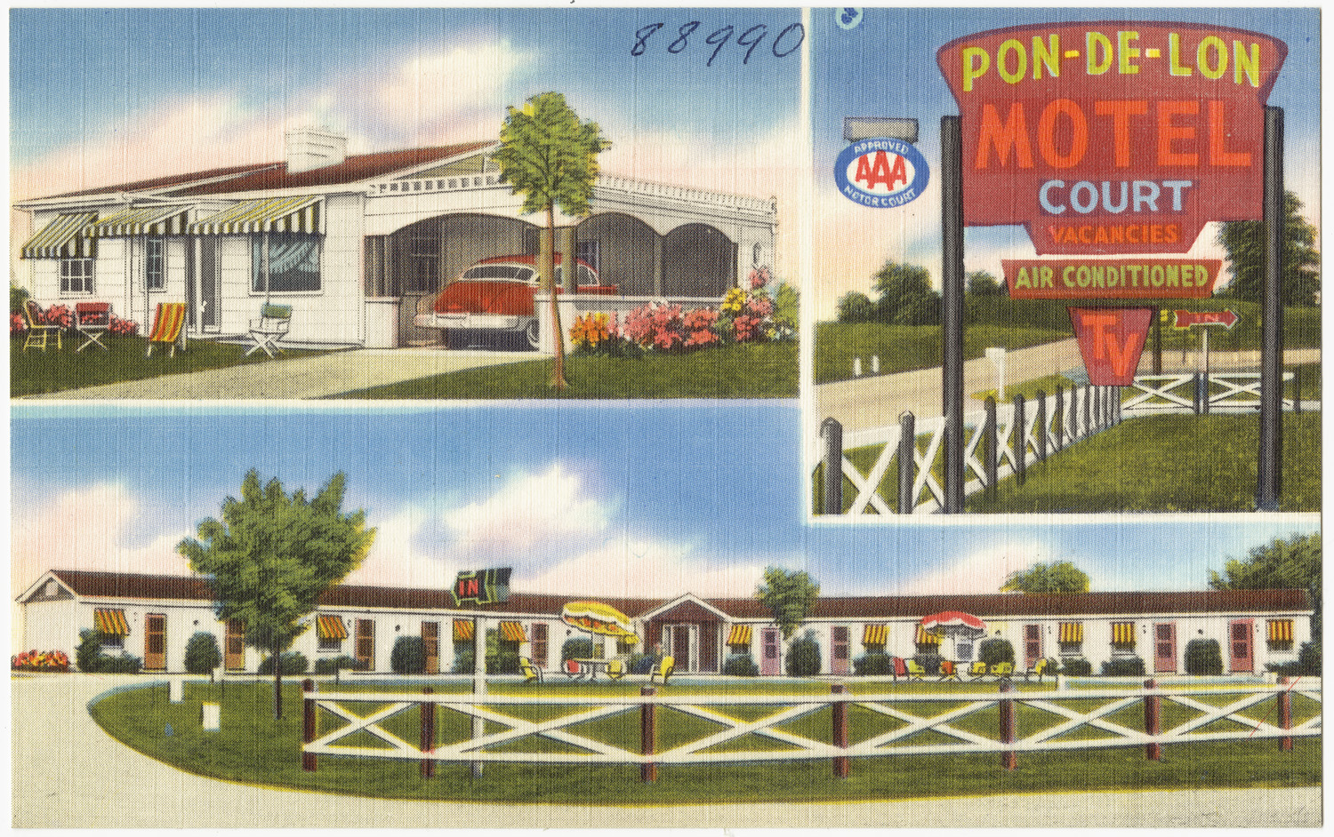 two pictures of motel and court in the same po