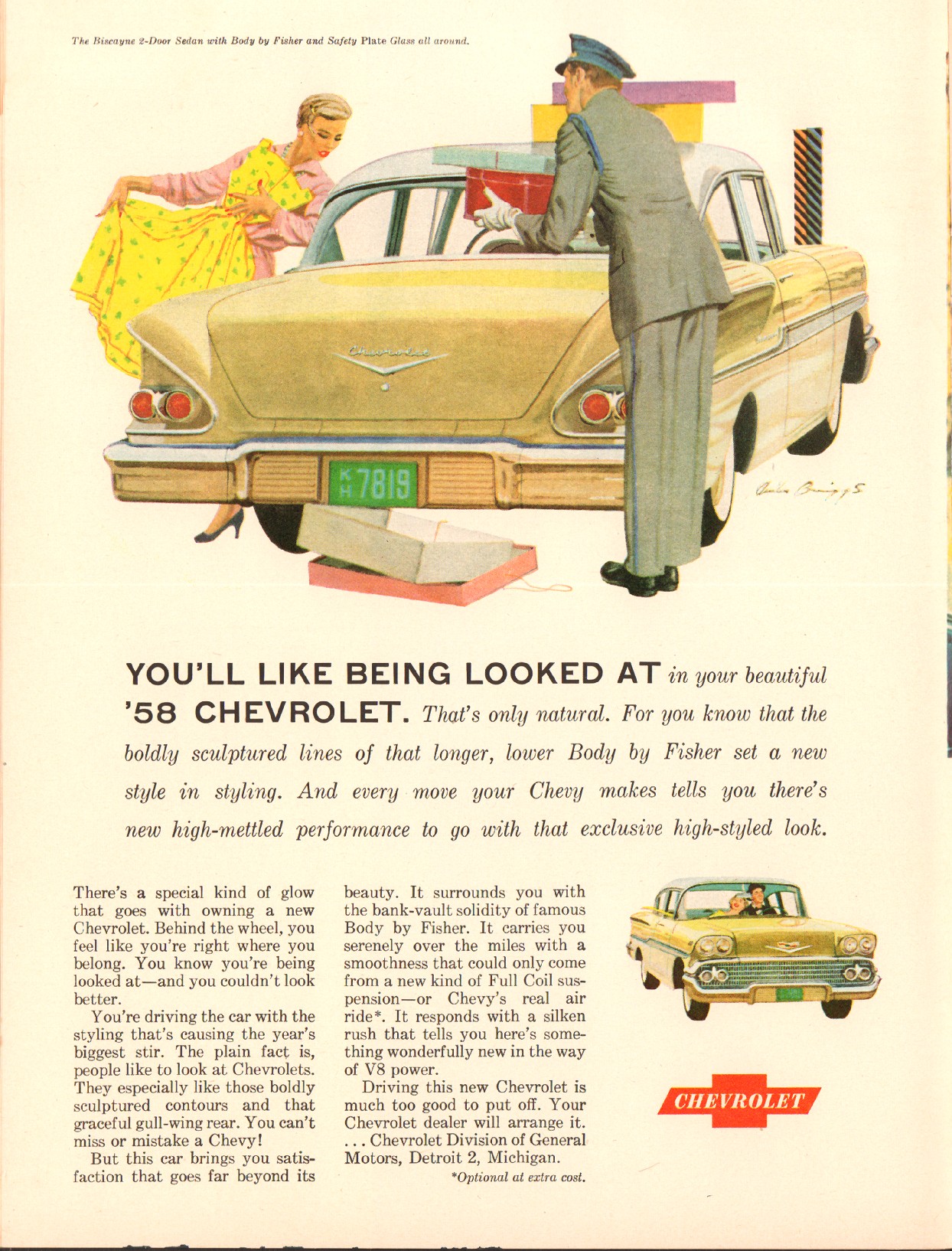 an old advertit for chevrolet cars, a man and woman looking at it