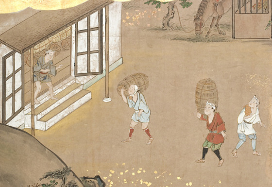 the scene in asian painting depicts a person carrying a cage, a monkey and people walking around