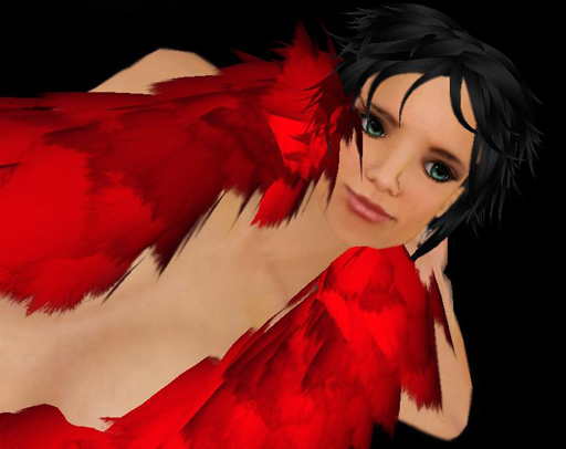 a woman wearing a red feathered top posing